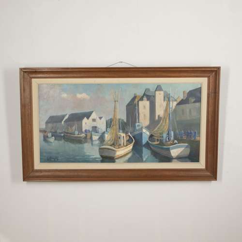 20th Century Oil on Board of French Fishing Boats in Harbour