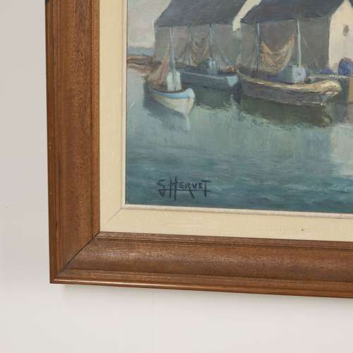 20th Century Oil on Board of French Fishing Boats in Harbour