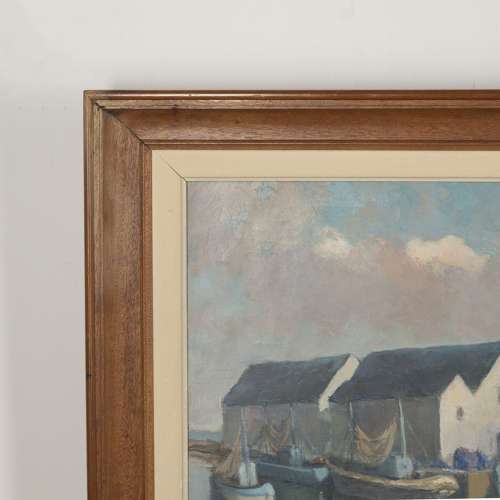 20th Century Oil on Board of French Fishing Boats in Harbour