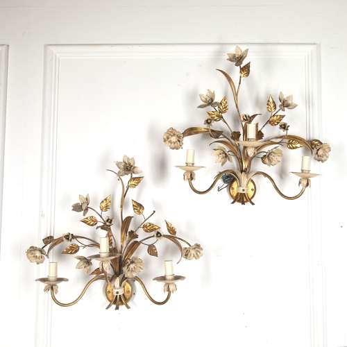 FRENCH 20TH CENTURY GILT AND PAINTED WALL SCONCES