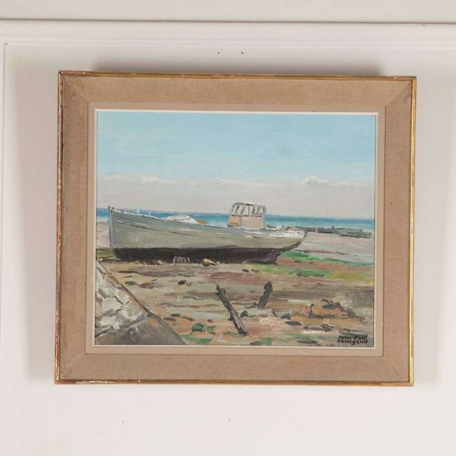 FRENCH PAINTING OF BOAT ON A BEACH