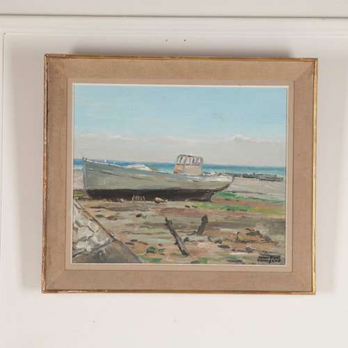 FRENCH PAINTING OF BOAT ON A BEACH