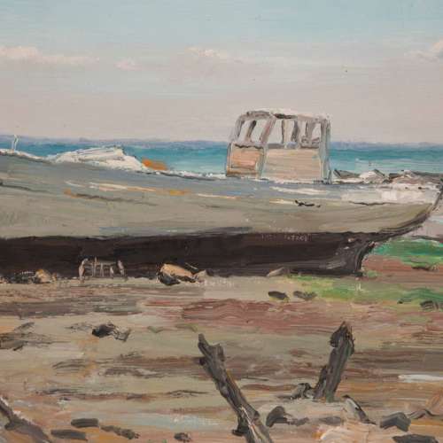 FRENCH PAINTING OF BOAT ON A BEACH