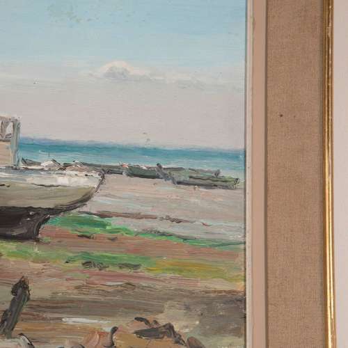 FRENCH PAINTING OF BOAT ON A BEACH