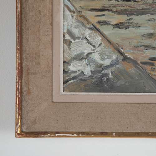 FRENCH PAINTING OF BOAT ON A BEACH