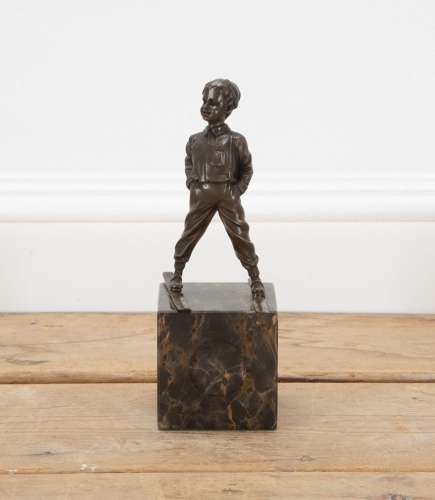20th Century French Bronze Figure of a Boy on Skis