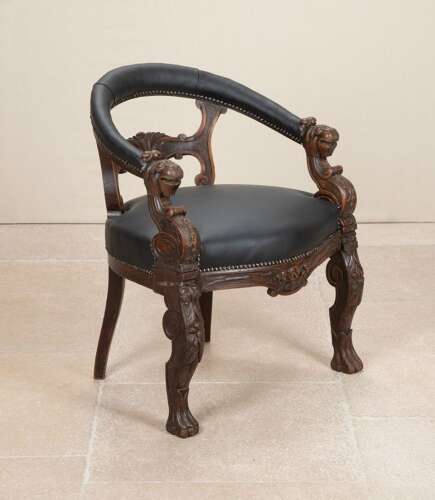 19th Century French Black Leather Oak Desk Chair