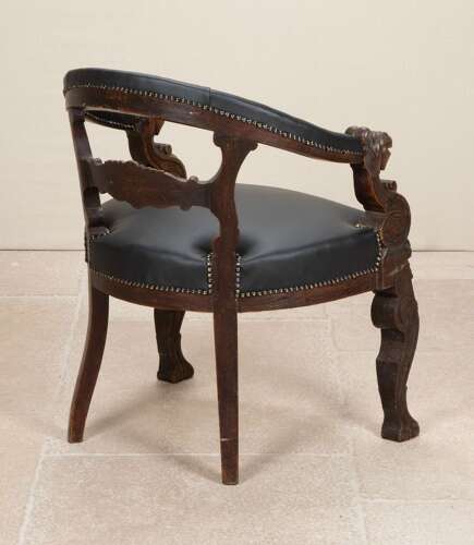 19th Century French Black Leather Oak Desk Chair