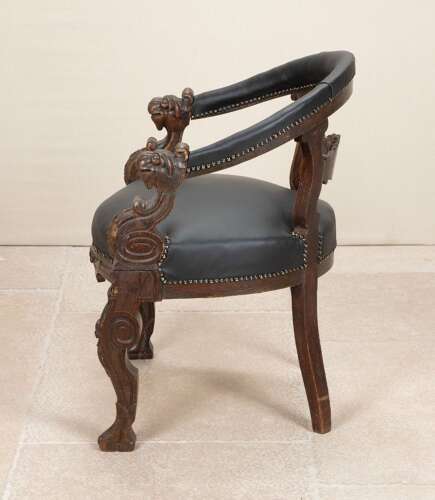 19th Century French Black Leather Oak Desk Chair