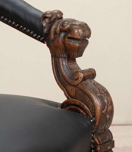 19th Century French Black Leather Oak Desk Chair