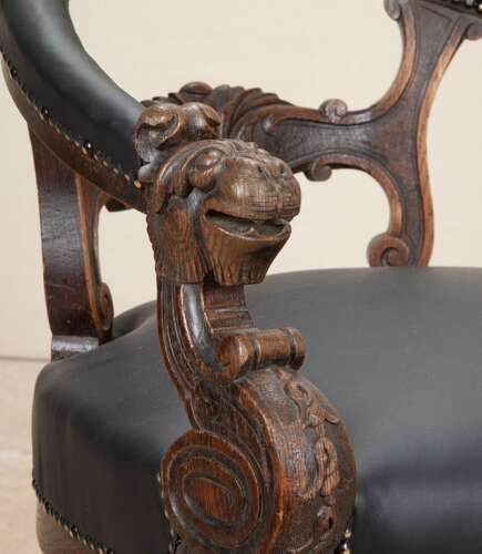 19th Century French Black Leather Oak Desk Chair