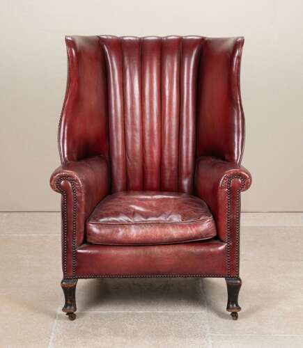 20th Century English Red Leather Wing Chair