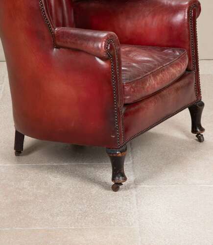 20th Century English Red Leather Wing Chair